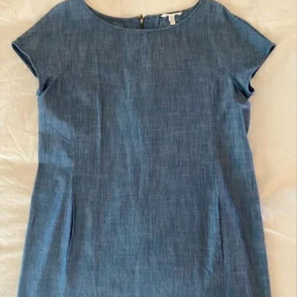 Eileen Fisher Cap Sleeve Shift Dress Denim Blue Sz Small MSRP $190